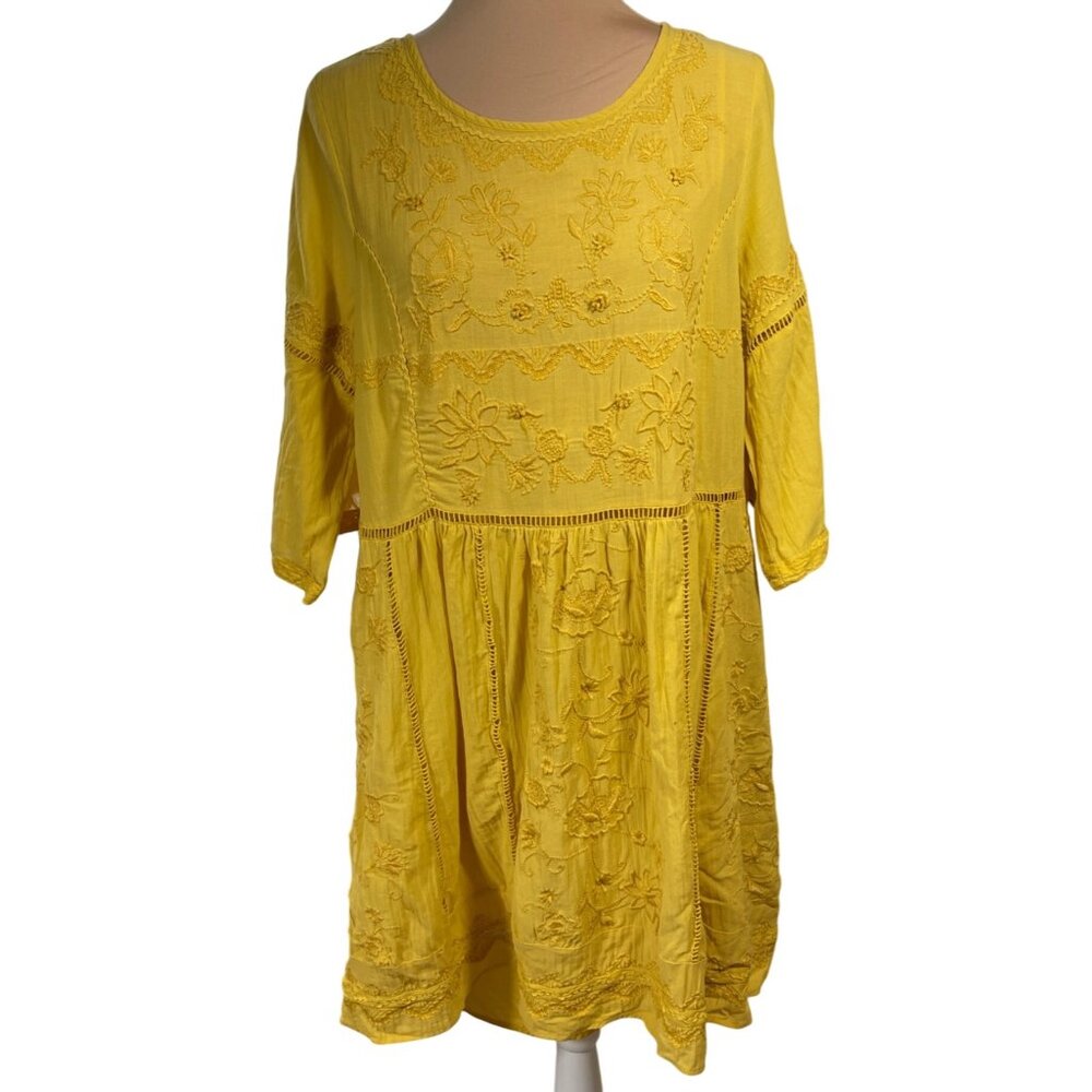 Akemi + Kin Tunic Dress Yellow Gold Slip Embroidery Bell Sleeve Size XL Extra La